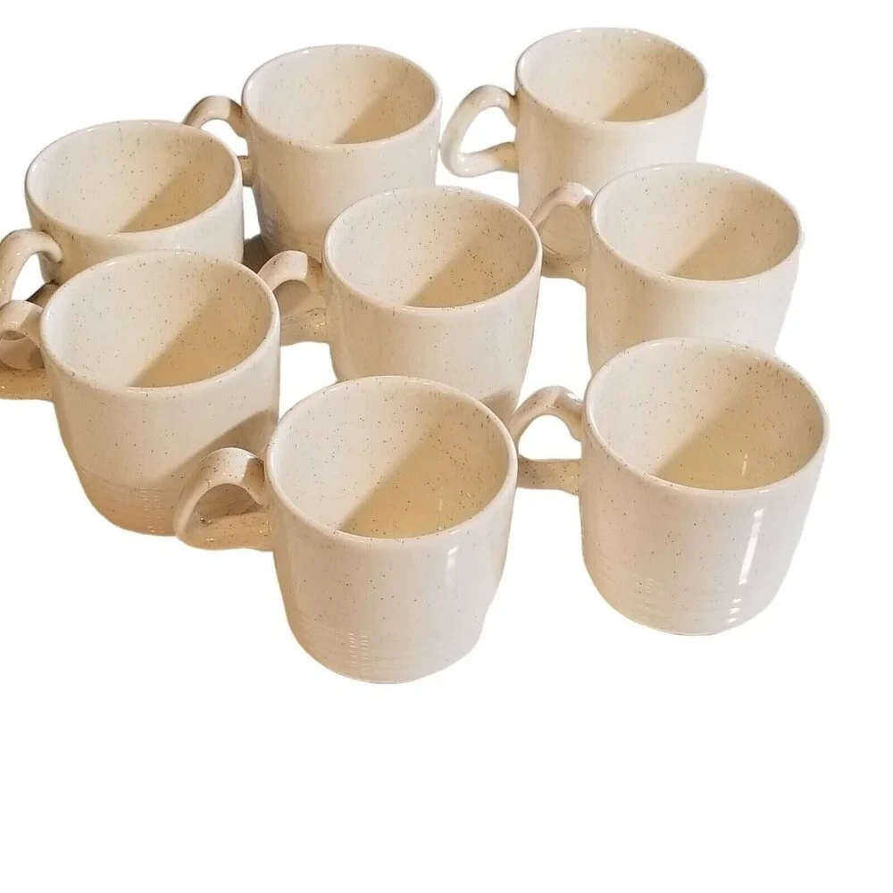 Vintage Made In USA Coffee Mug Cup Stackable Farmhouse Beige Lot of 8 Restaurant - Picture 3 of 9